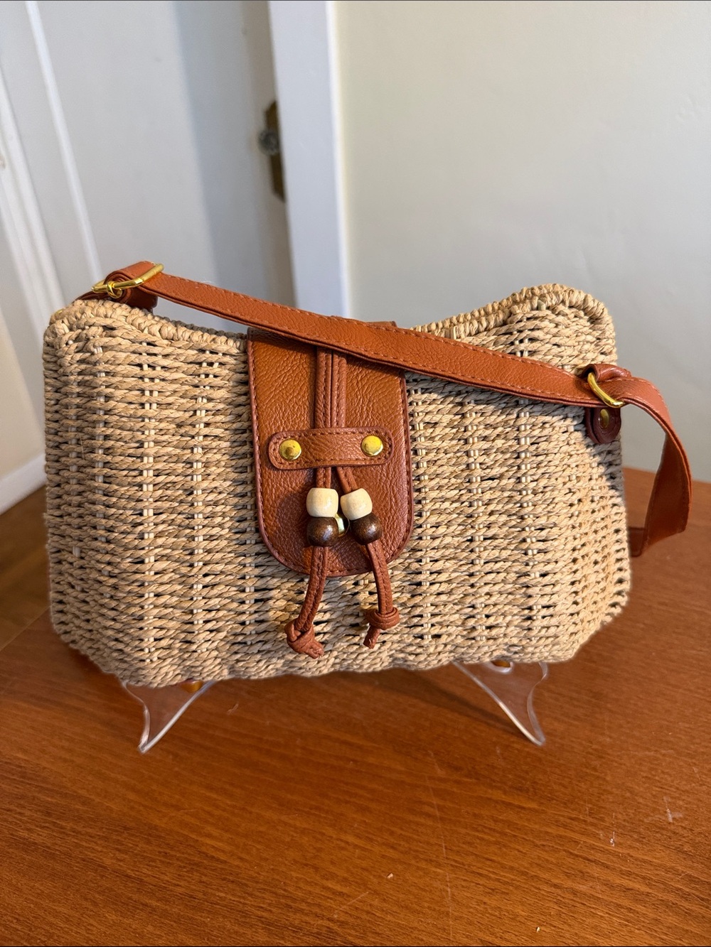 Woven Straw Shoulder Bag with Brown Leather Trim